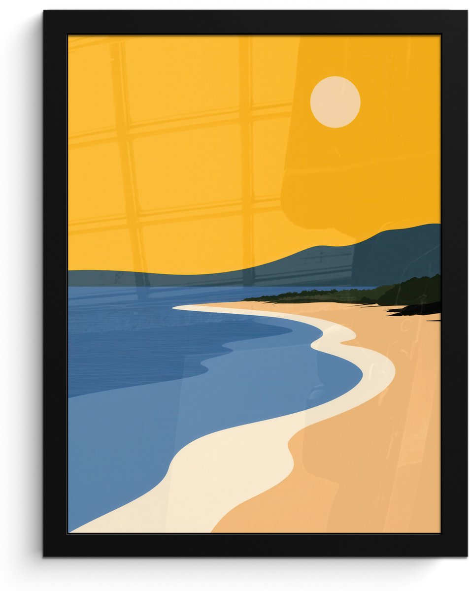 FrameYourWall Poster in lijst - Fotolijst 30x40 cm - Posters - Kustlijn - Oranje lucht - Begroeiing - Posterlijst zwart - Decoratie - Wanddecoratie woonkamer - Muurdecoratie slaapkamer Kustlijn - Zon