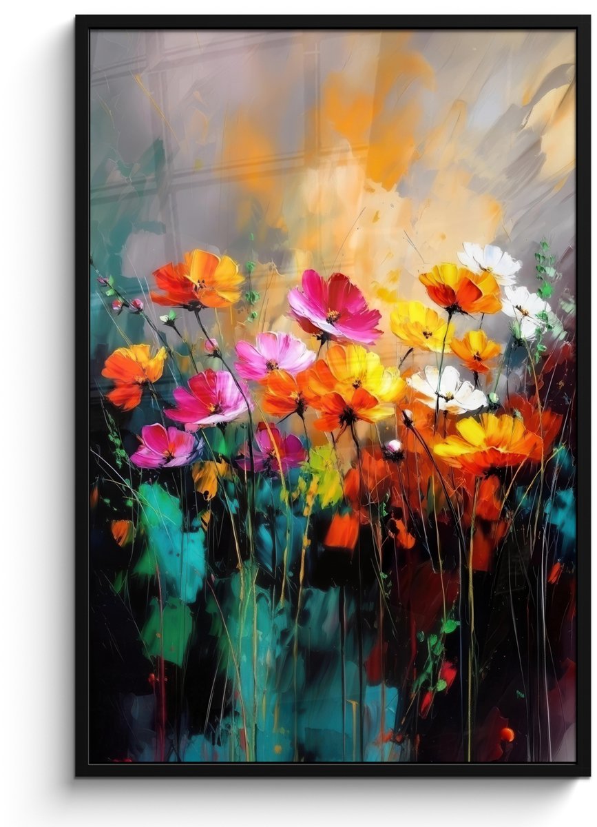FrameYourWall Poster in lijst - Fotolijst 80x120 cm - Posters - Felgekleurd - Bloemblaadjes - Abstract - Posterlijst zwart - Decoratie - Wanddecoratie woonkamer - Muurdecoratie slaapkamer