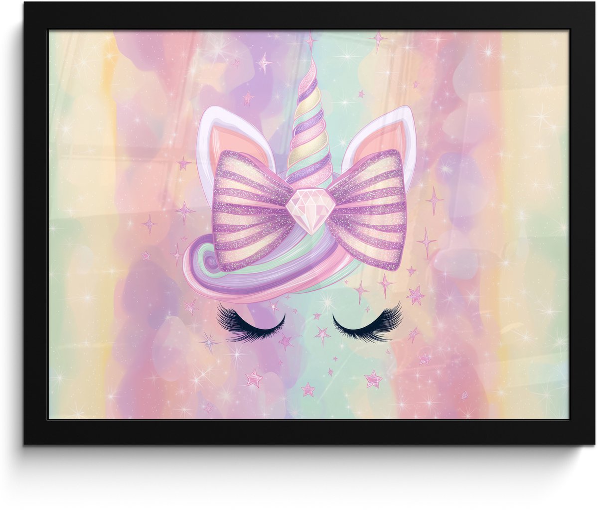 FrameYourWall Poster in lijst - Fotolijst 40x30 cm - Posters - Eenhoorn - Glitters - Regenboog - Pastel - Posterlijst zwart - Decoratie - Wanddecoratie woonkamer - Muurdecoratie slaapkamer