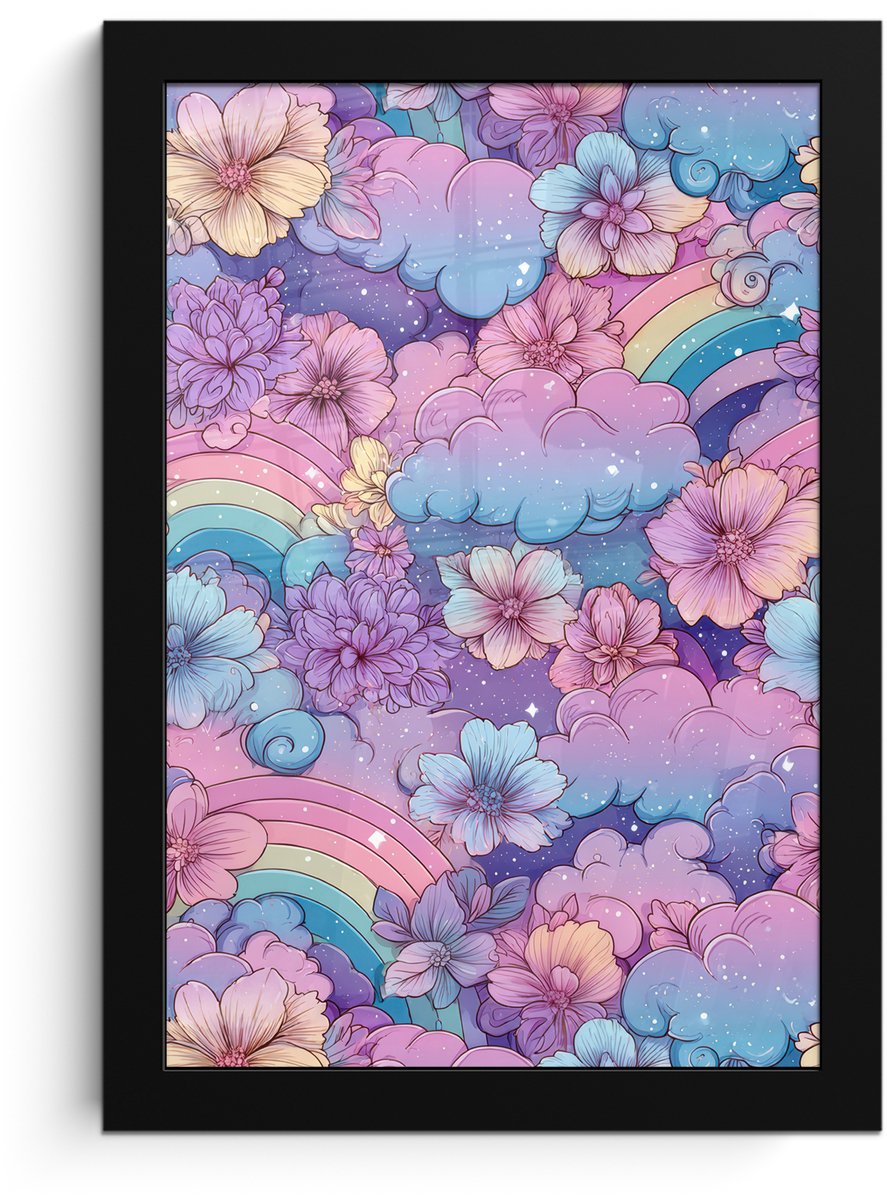 FrameYourWall Poster in lijst - Fotolijst 20x30 cm - Posters - Regenbogen - Bloemen - Kleurrijk - Wolken - Posterlijst zwart - Decoratie - Wanddecoratie woonkamer - Muurdecoratie slaapkamer