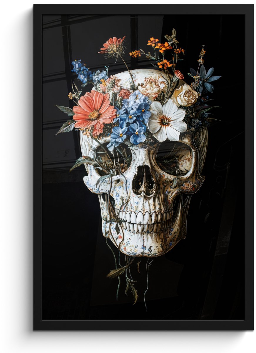FrameYourWall Poster in lijst - Fotolijst 40x60 cm - Posters - Bloemen - Schedel - Kleurrijk - Posterlijst zwart - Decoratie - Wanddecoratie woonkamer - Muurdecoratie slaapkamer