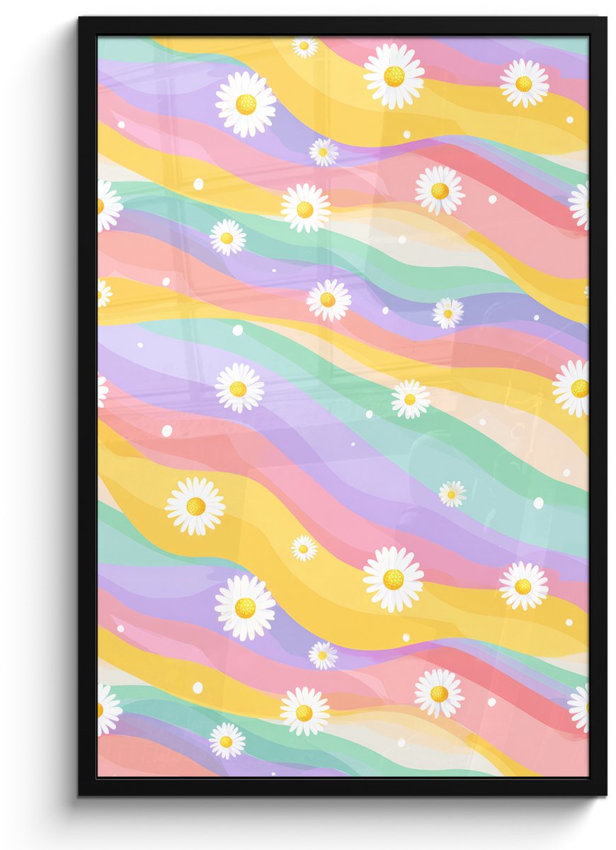 FrameYourWall Poster in lijst - Fotolijst 60x90 cm - Posters - Madeliefjes - Kleurrijk - Pastel - Vrolijk - Posterlijst zwart - Decoratie - Wanddecoratie woonkamer - Muurdecoratie slaapkamer