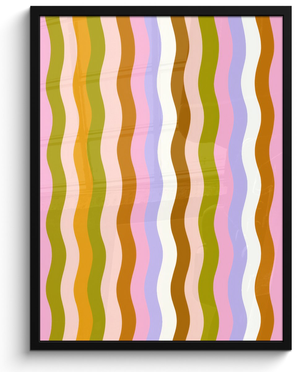 FrameYourWall Poster in lijst - Fotolijst 60x80 cm - Posters - lijnen - Golven - Pastelkleuren - Patroon - Posterlijst zwart - Decoratie - Wanddecoratie woonkamer - Muurdecoratie slaapkamer