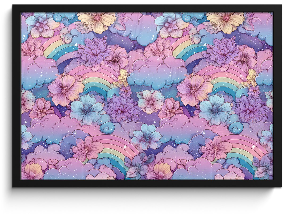FrameYourWall Poster in lijst - Fotolijst 60x40 cm - Posters - Regenbogen - Bloemen - Kleurrijk - Wolken - Posterlijst zwart - Decoratie - Wanddecoratie woonkamer - Muurdecoratie slaapkamer