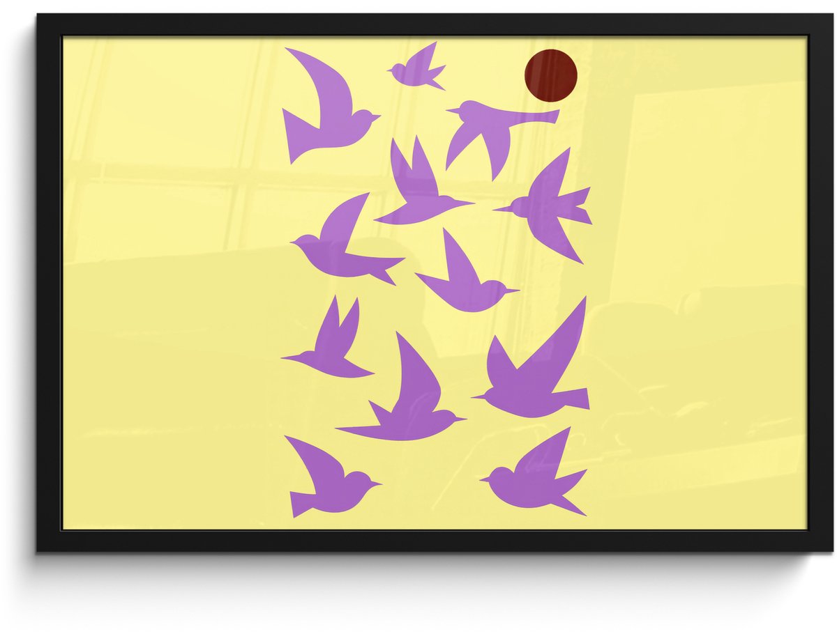 FrameYourWall Poster in lijst - Fotolijst 60x40 cm - Posters - Vogels - Cirkel - Geel - Beweging - Posterlijst zwart - Decoratie - Wanddecoratie woonkamer - Muurdecoratie slaapkamer