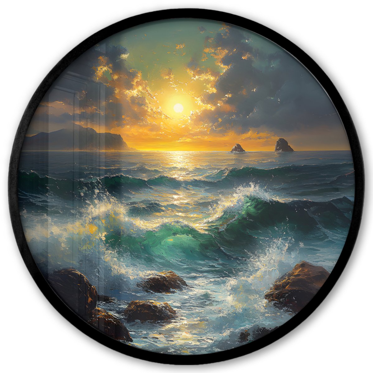 FrameYourWall Poster in lijst Rond - Fotolijst 40x40 cm - Posters - Zee - Zon - Golven - Rotsen - Ronde posterlijst zwart - Decoratie - Wanddecoratie woonkamer - Muurdecoratie slaapkamer