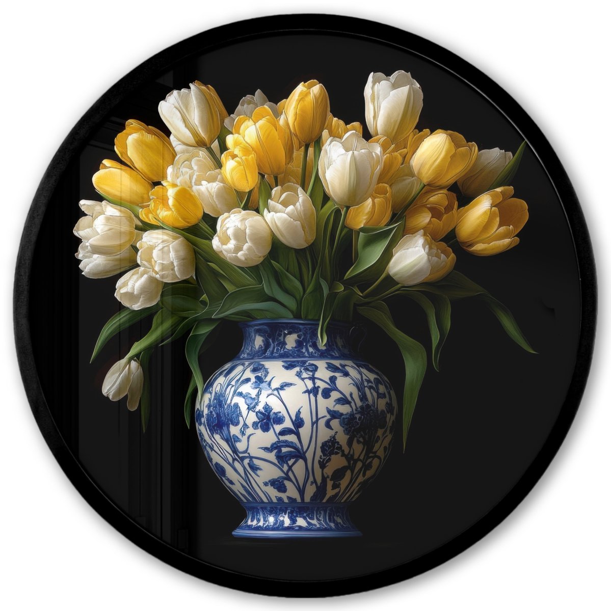 FrameYourWall Poster in lijst Rond - Fotolijst 40x40 cm - Posters - Geel - Tulpen - Vaas - Bloemen - Ronde posterlijst zwart - Decoratie - Wanddecoratie woonkamer - Muurdecoratie slaapkamer Tulpen - Geel