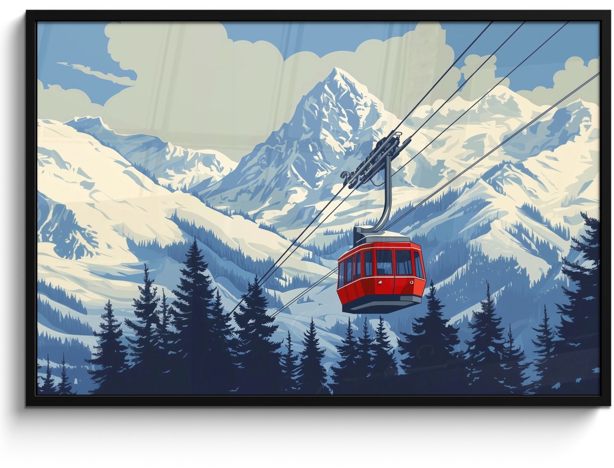 FrameYourWall Poster in lijst - Fotolijst 120x80 cm - Posters - Kabelbaan - Sneeuw - Berglandschap - Posterlijst zwart - Decoratie - Wanddecoratie woonkamer - Muurdecoratie slaapkamer Kabelbaan - Bergen - Sneeuw