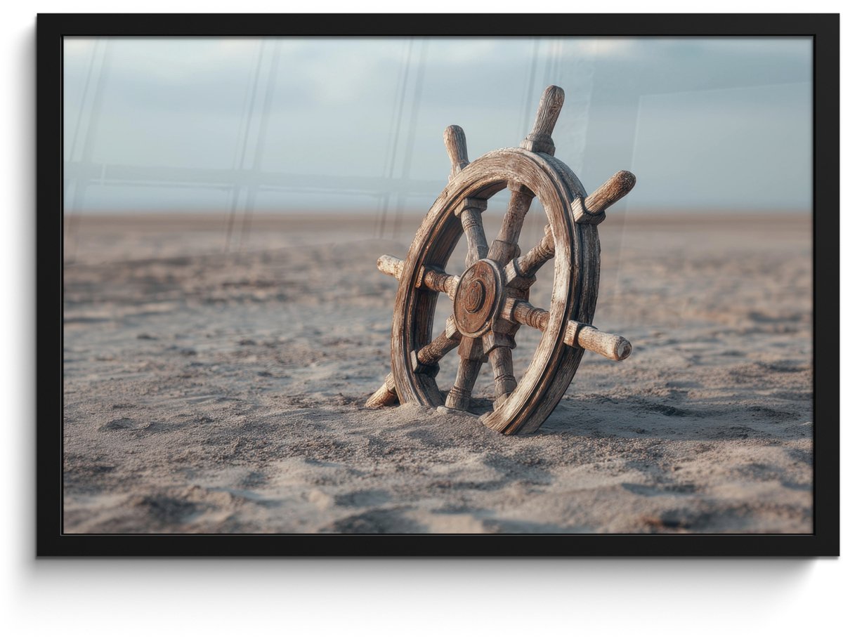 FrameYourWall Poster in lijst - Fotolijst 60x40 cm - Posters - Scheepsstuur - Hout - Bruin - Zand - Posterlijst zwart - Decoratie - Wanddecoratie woonkamer - Muurdecoratie slaapkamer