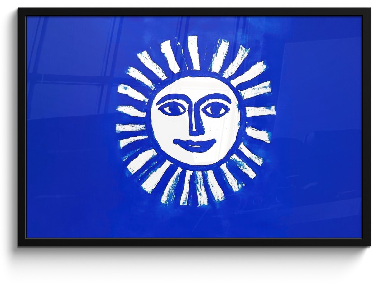 FrameYourWall Poster in lijst - Fotolijst 90x60 cm - Posters - Zon - Gezicht - Penseelstructuur - Blauw - Posterlijst zwart - Decoratie - Wanddecoratie woonkamer - Muurdecoratie slaapkamer