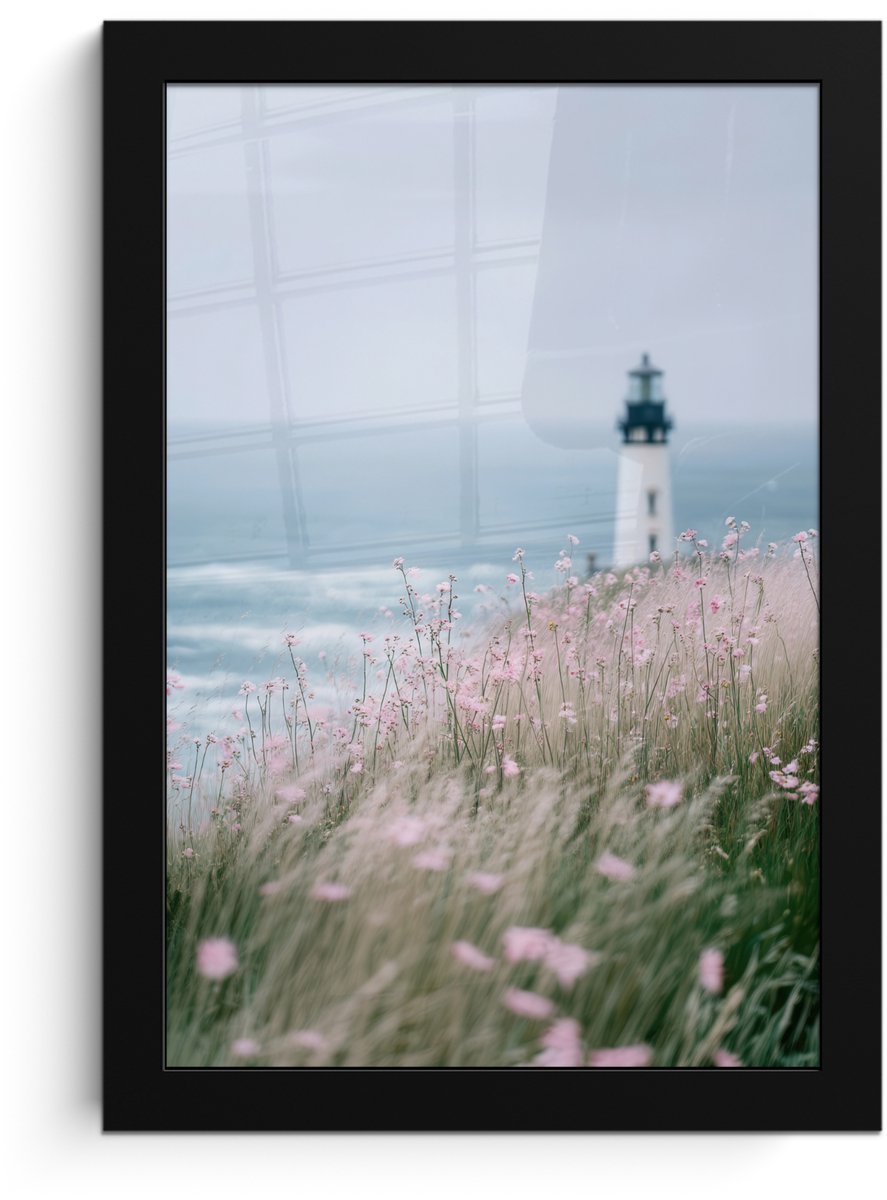FrameYourWall Poster in lijst - Fotolijst 20x30 cm - Posters - Vuurtoren - Klif - Zee - Bloemen - Posterlijst zwart - Decoratie - Wanddecoratie woonkamer - Muurdecoratie slaapkamer Vuurtoren - Zee - Bloemen
