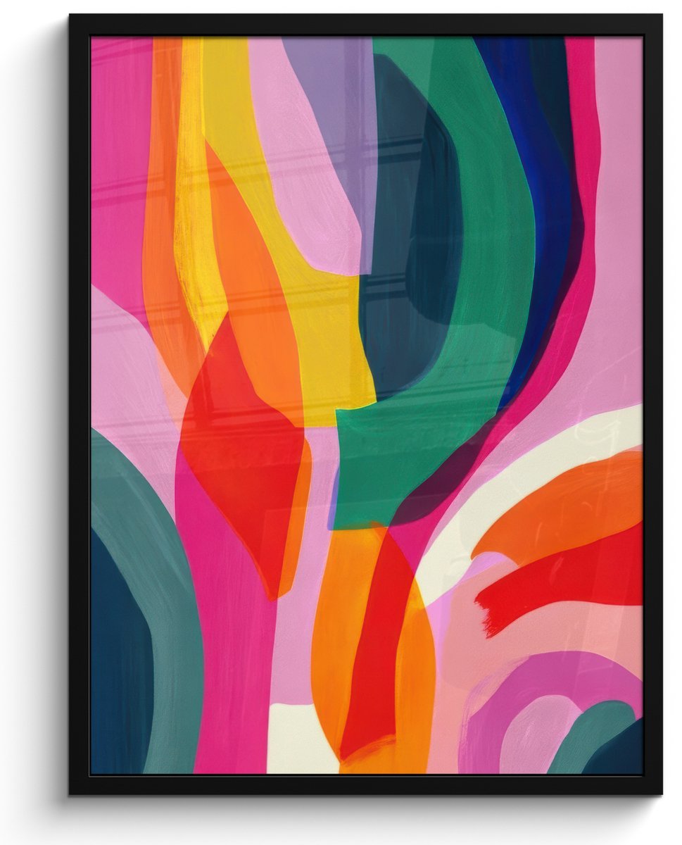 FrameYourWall Poster in lijst - Fotolijst 60x80 cm - Posters - Vormen - Golvend - Abstract - Felroze - Posterlijst zwart - Decoratie - Wanddecoratie woonkamer - Muurdecoratie slaapkamer