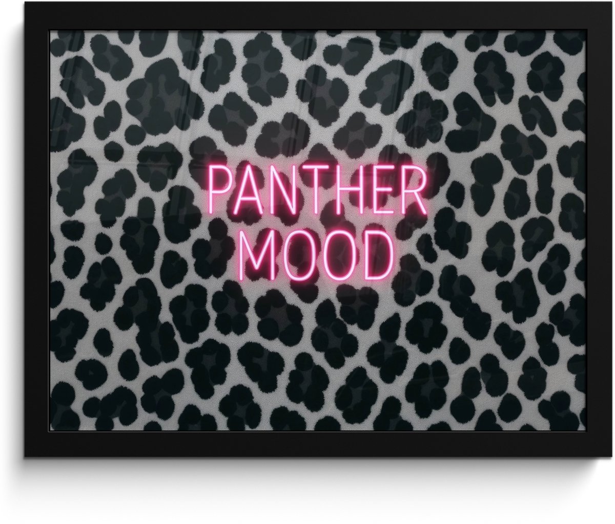 FrameYourWall Poster in lijst - Fotolijst 40x30 cm - Posters - Panterprint - Zwart - Neonletters - Roze - Posterlijst zwart - Decoratie - Wanddecoratie woonkamer - Muurdecoratie slaapkamer Panterprint - Tekst