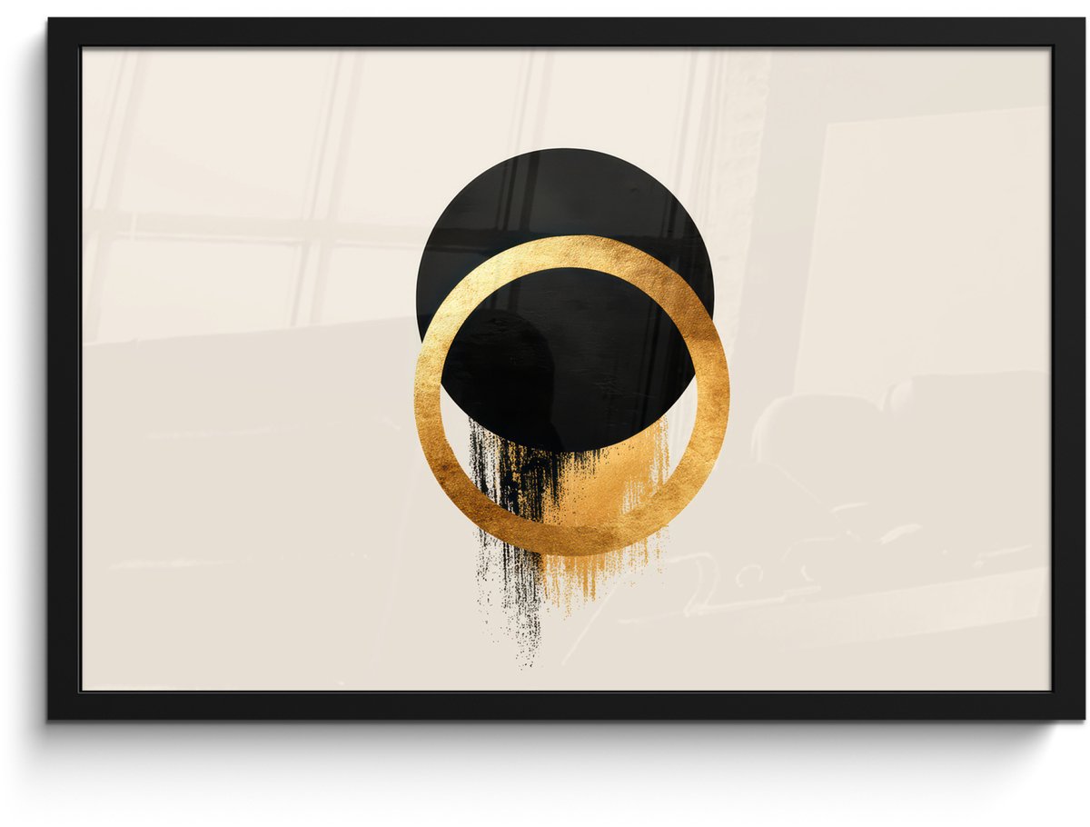 FrameYourWall Poster in lijst - Fotolijst 60x40 cm - Posters - Abstract ontwerp - Zwarte cirkel - Verfvlekken - Posterlijst zwart - Decoratie - Wanddecoratie woonkamer - Muurdecoratie slaapkamer Cirkels - Verfvlekken