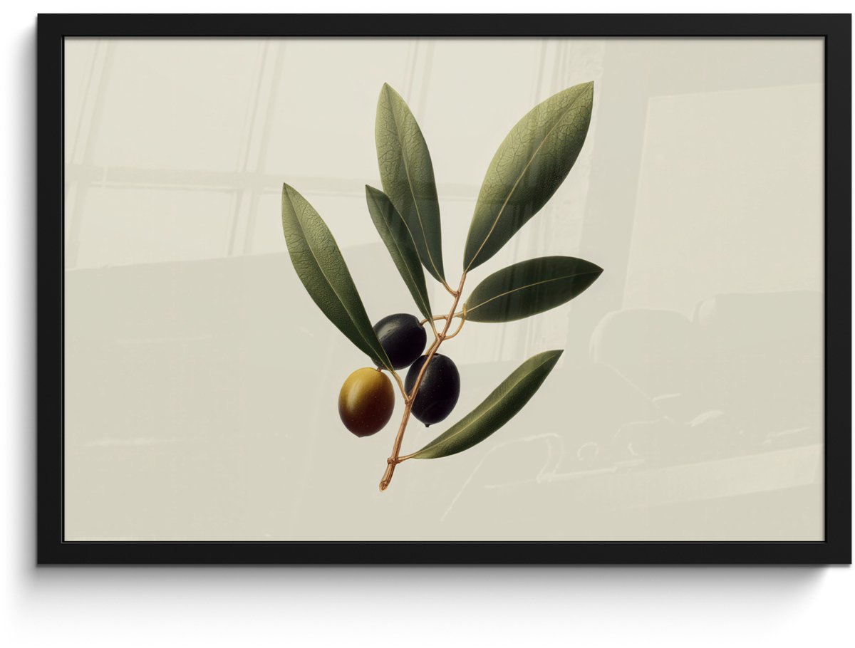 FrameYourWall Poster in lijst - Fotolijst 60x40 cm - Posters - Olijftak - Donkergroen - Olijven - Posterlijst zwart - Decoratie - Wanddecoratie woonkamer - Muurdecoratie slaapkamer