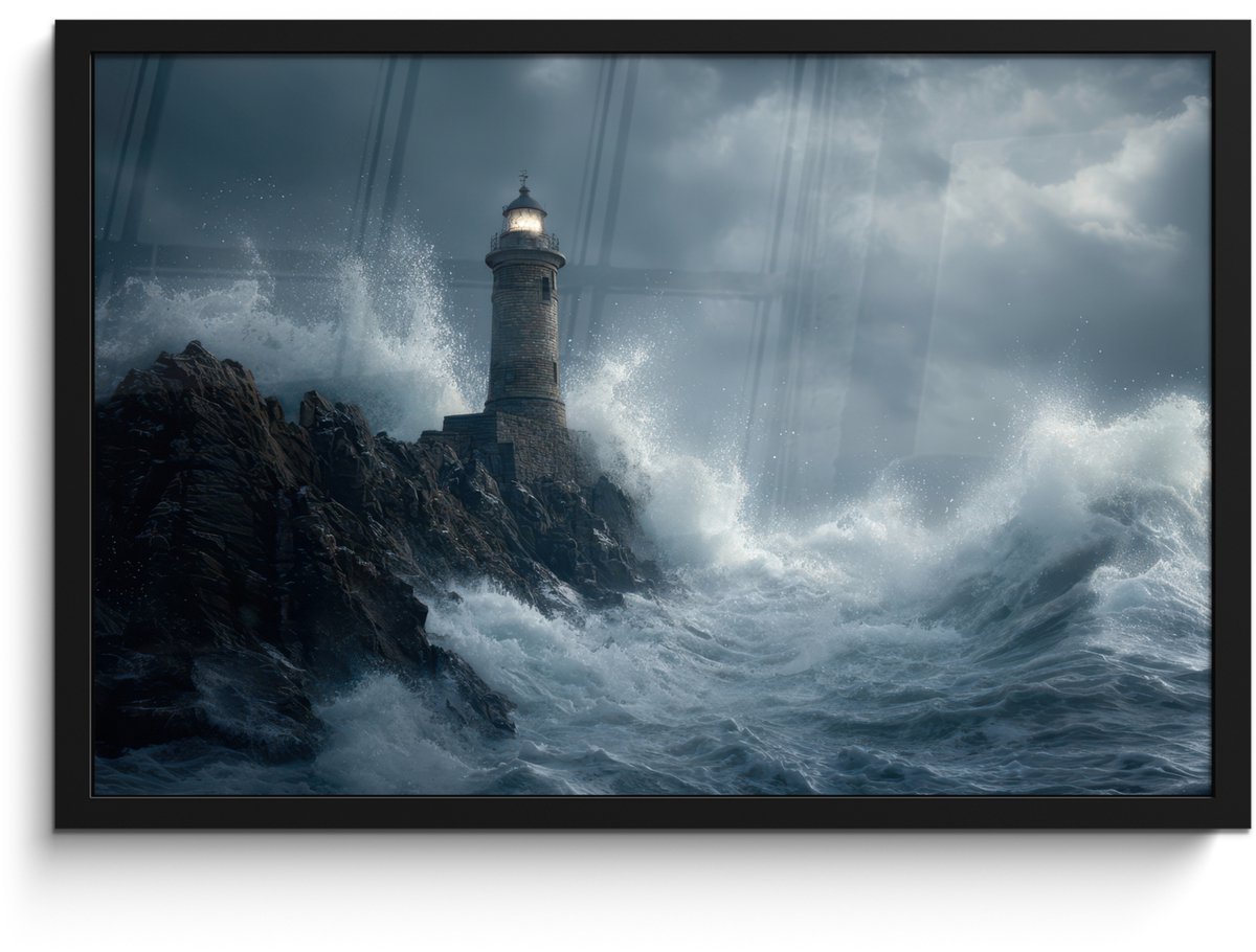 FrameYourWall Poster in lijst - Fotolijst 60x40 cm - Posters - Rotsen - Vuurtoren - Golven - Klliffen - Posterlijst zwart - Decoratie - Wanddecoratie woonkamer - Muurdecoratie slaapkamer Rotsen - Golven - Vuurtoren