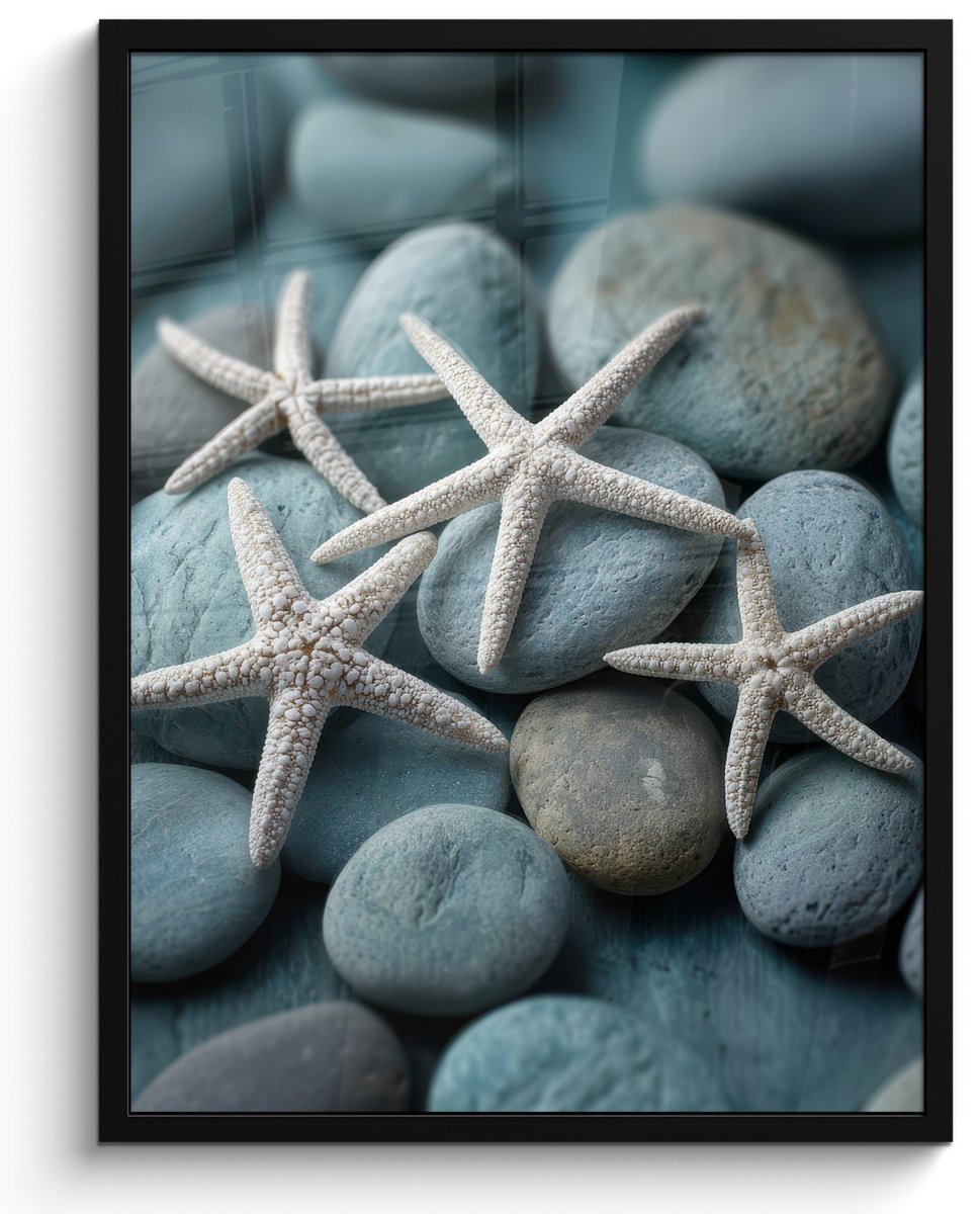 FrameYourWall Poster in lijst - Fotolijst 60x80 cm - Posters - Zeesterren - Stenen - Wit - Posterlijst zwart - Decoratie - Wanddecoratie woonkamer - Muurdecoratie slaapkamer