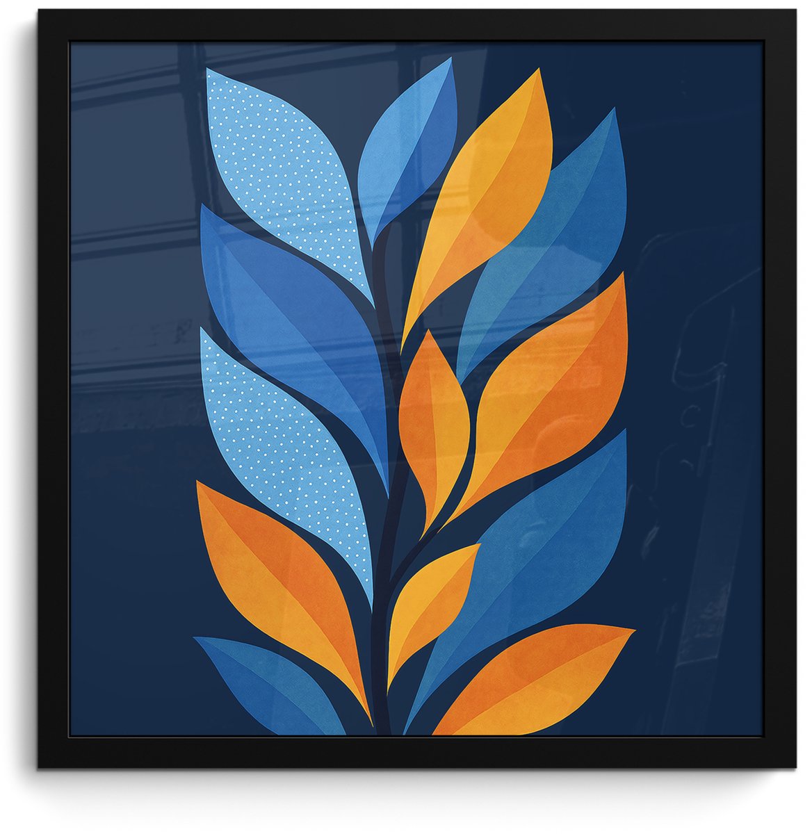 FrameYourWall Poster in lijst - Fotolijst 40x40 cm - Posters - Abstract - Bladeren - Blauw - Posterlijst zwart - Decoratie - Wanddecoratie woonkamer - Muurdecoratie slaapkamer