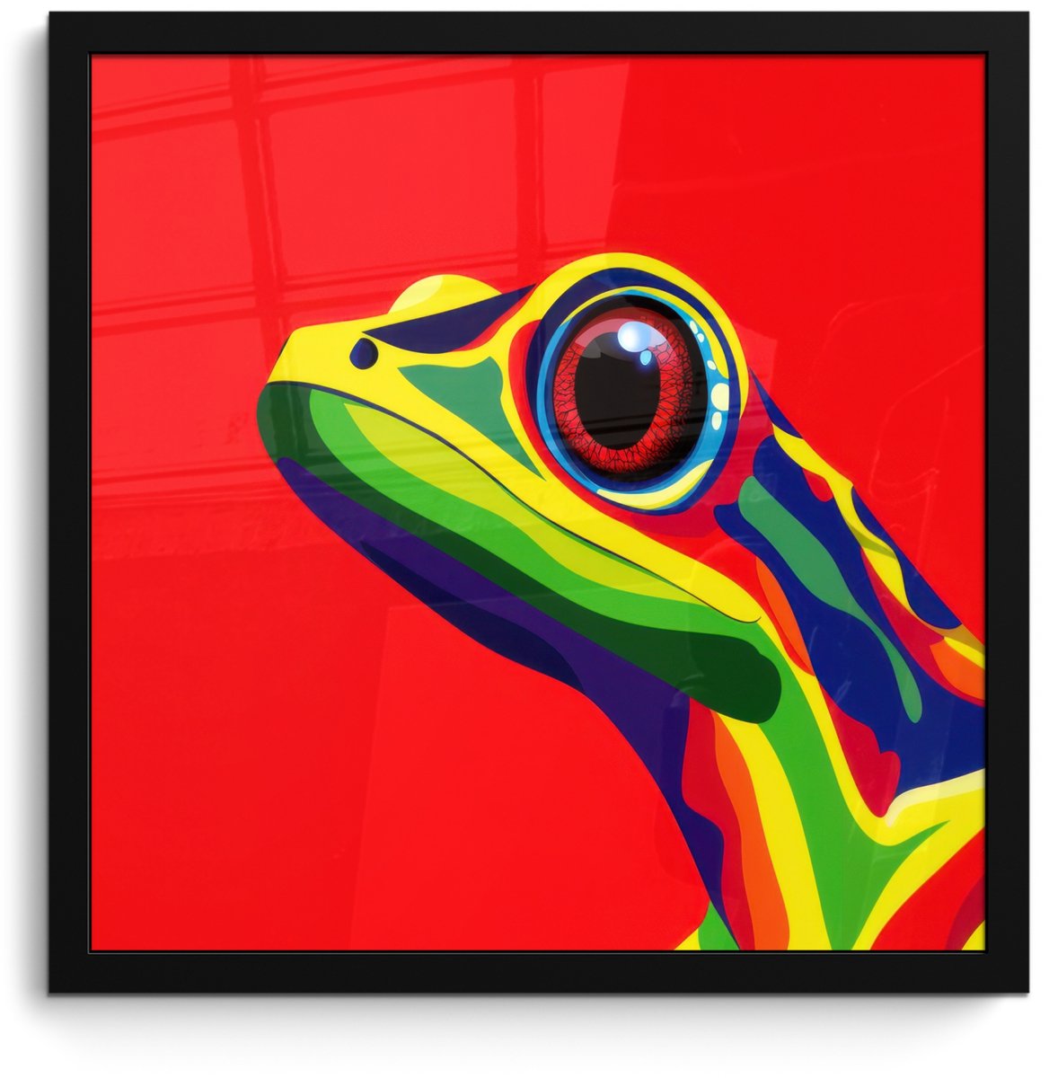 FrameYourWall Poster in lijst - Fotolijst 40x40 cm - Posters - Kikker - Kleurrijk - Strepen - Ogen - Posterlijst zwart - Decoratie - Wanddecoratie woonkamer - Muurdecoratie slaapkamer