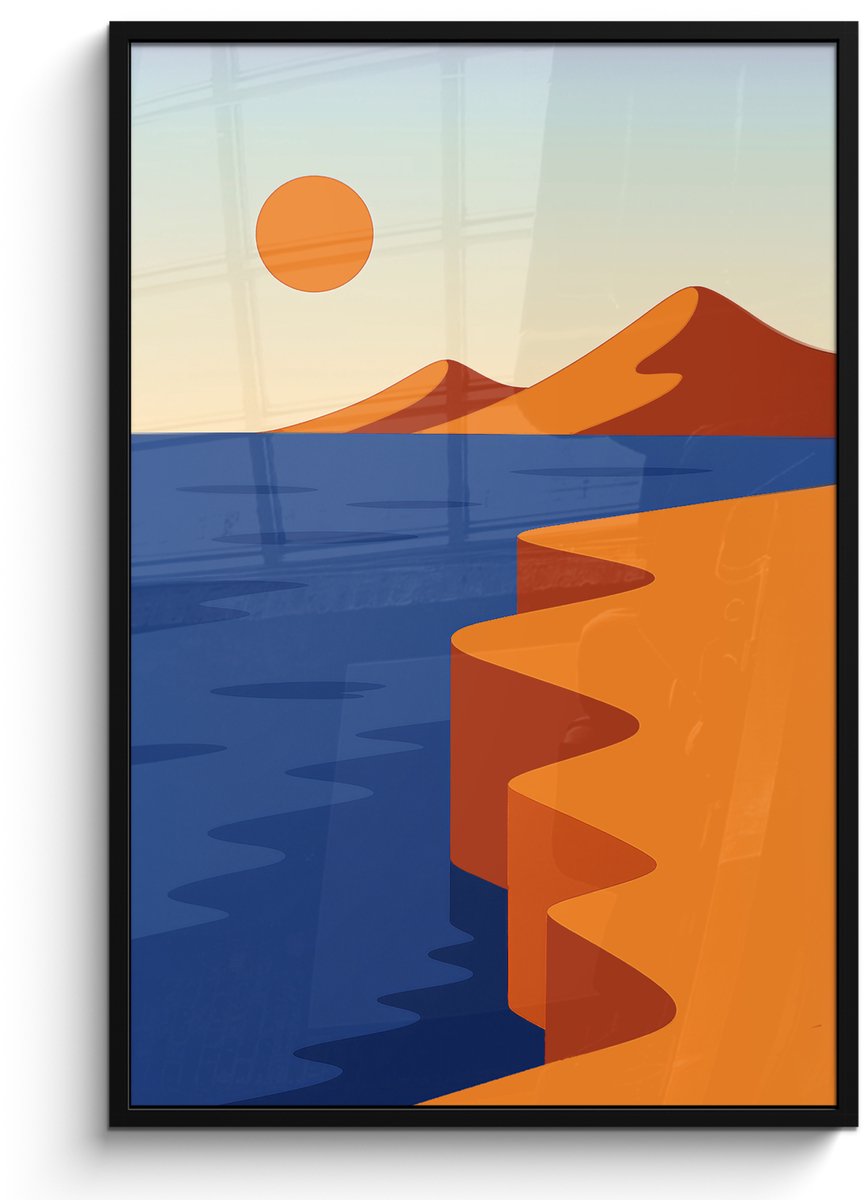 FrameYourWall Poster in lijst - Fotolijst 80x120 cm - Posters - Landschap - Bergen - Zon - Zee - Posterlijst zwart - Decoratie - Wanddecoratie woonkamer - Muurdecoratie slaapkamer Landschap - Zee - Zon