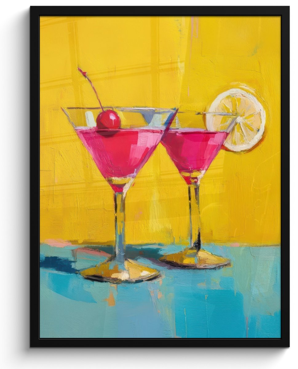 FrameYourWall Poster in lijst - Fotolijst 60x80 cm - Posters - Glazen - Cocktail - Citroen - Kers - Posterlijst zwart - Decoratie - Wanddecoratie woonkamer - Muurdecoratie slaapkamer