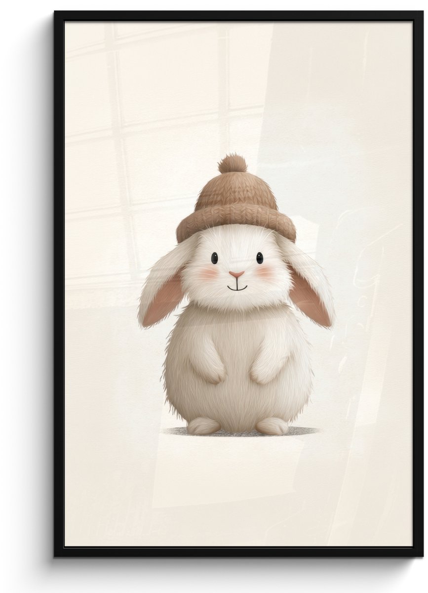FrameYourWall Poster in lijst - Fotolijst 80x120 cm - Posters - Konijn - Muts - Oren - Beige - Posterlijst zwart - Decoratie - Wanddecoratie woonkamer - Muurdecoratie slaapkamer