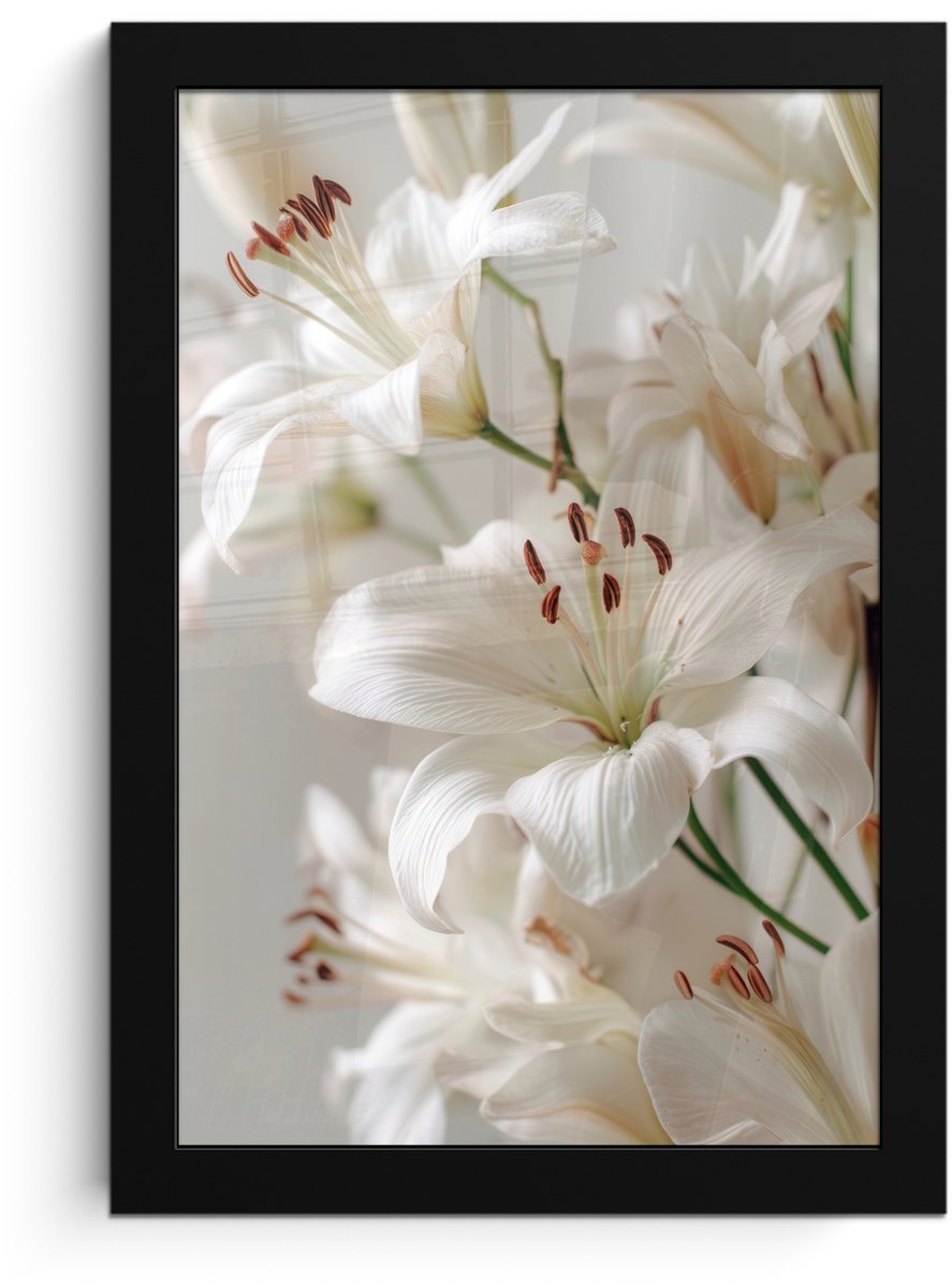 FrameYourWall Poster in lijst - Fotolijst 20x30 cm - Posters - Lelies - Boekte - Wit - Meeldraden - Posterlijst zwart - Decoratie - Wanddecoratie woonkamer - Muurdecoratie slaapkamer Lelies - Meeldraden