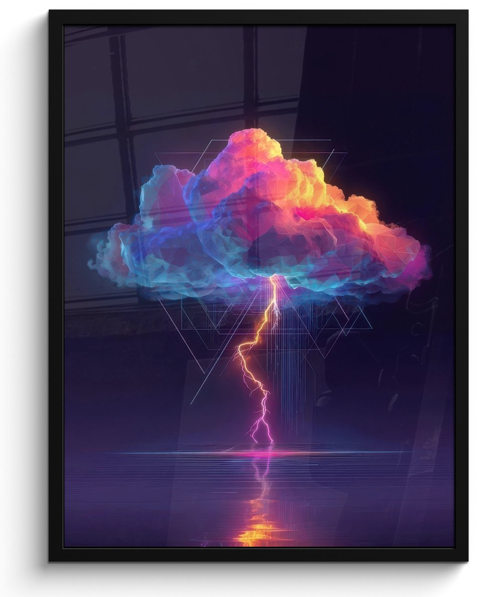 FrameYourWall Poster in lijst - Fotolijst 60x80 cm - Posters - Donderwolk - Bliksemschicht - Licht - Blauw - Posterlijst zwart - Decoratie - Wanddecoratie woonkamer - Muurdecoratie slaapkamer Wolk - Bliksemschicht - Driehoeken