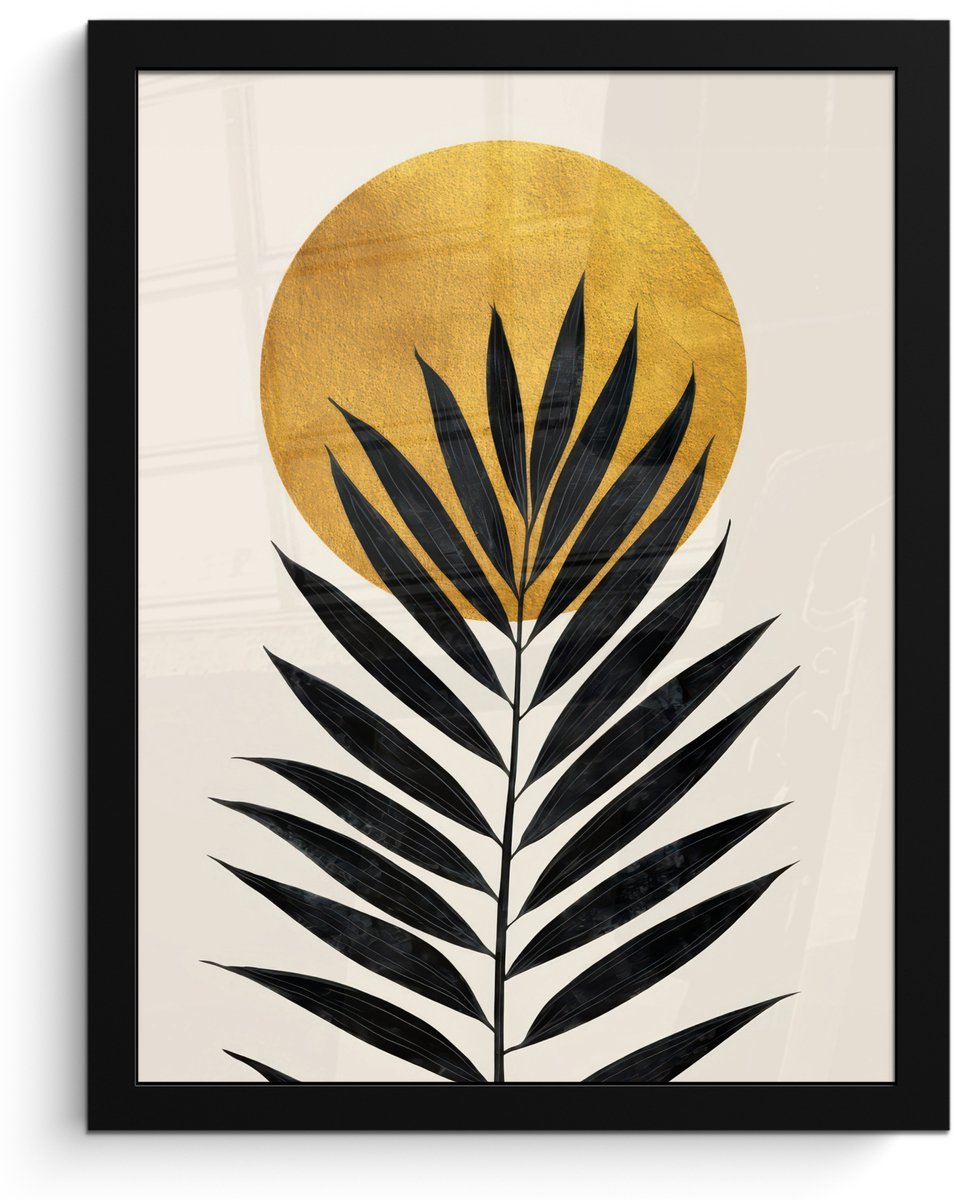 FrameYourWall Poster in lijst - Fotolijst 30x40 cm - Posters - Zwart palmblad - Gouden cirkel - Beige achtergrond - Posterlijst zwart - Decoratie - Wanddecoratie woonkamer - Muurdecoratie slaapkamer Palmblad - Cirkel