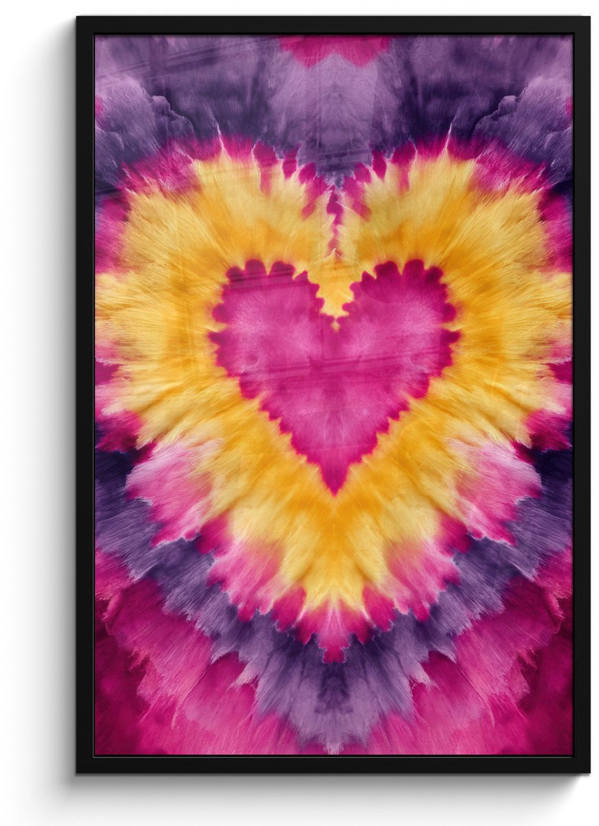 FrameYourWall Poster in lijst - Fotolijst 60x90 cm - Posters - Tie dye - Hartvorm - Vlammen - Oranje - Posterlijst zwart - Decoratie - Wanddecoratie woonkamer - Muurdecoratie slaapkamer