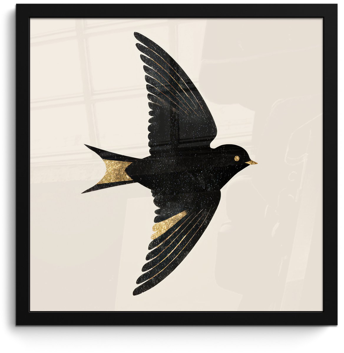FrameYourWall Poster in lijst - Fotolijst 40x40 cm - Posters - Zwarte zwaluw - Gouden accenten - Lichte achtergrond - Posterlijst zwart - Decoratie - Wanddecoratie woonkamer - Muurdecoratie slaapkamer