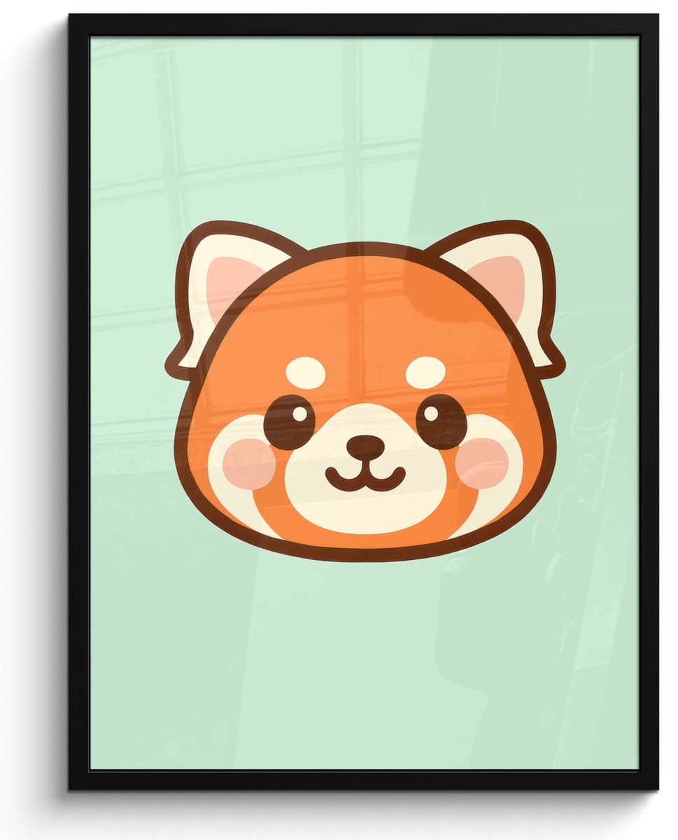 FrameYourWall Poster in lijst - Fotolijst 60x80 cm - Posters - Rode panda - Groen - Cartoon - Posterlijst zwart - Decoratie - Wanddecoratie woonkamer - Muurdecoratie slaapkamer