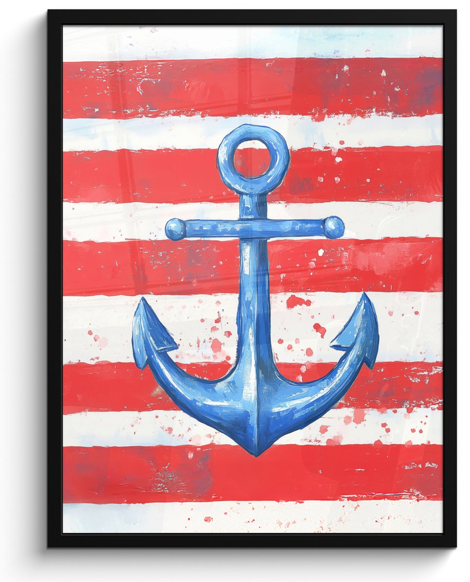 FrameYourWall Poster in lijst - Fotolijst 60x80 cm - Posters - Anker - Verfspatten - Rood - Blauw - Posterlijst zwart - Decoratie - Wanddecoratie woonkamer - Muurdecoratie slaapkamer Anker - Strepen