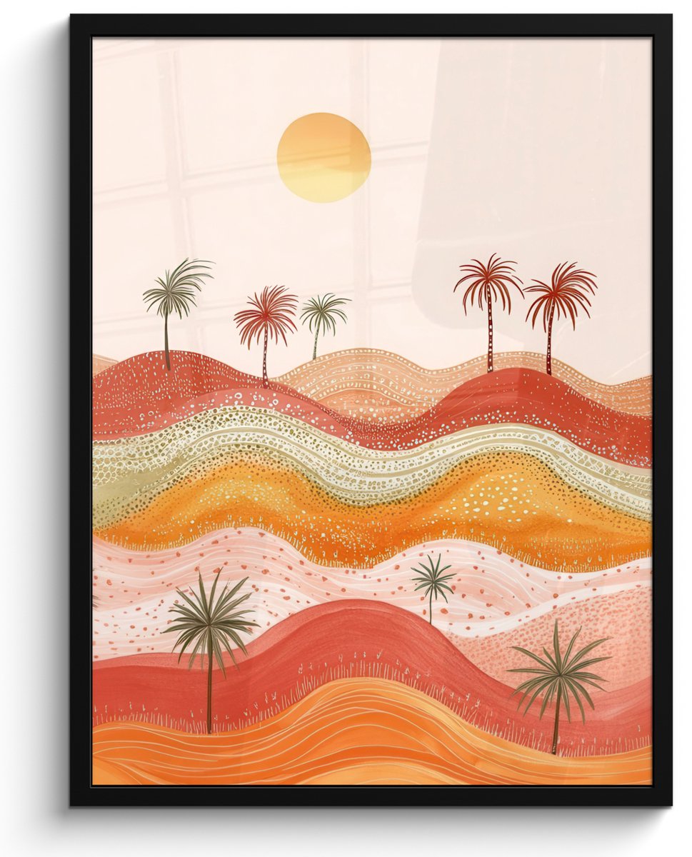 FrameYourWall Poster in lijst - Fotolijst 60x80 cm - Posters - Abstract landschap - Palmbomen - Kleurrijk - Posterlijst zwart - Decoratie - Wanddecoratie woonkamer - Muurdecoratie slaapkamer
