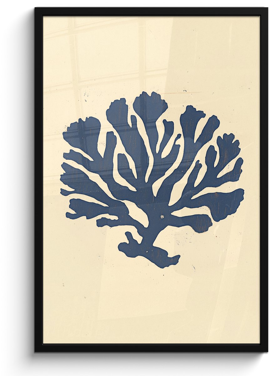FrameYourWall Poster in lijst - Fotolijst 60x90 cm - Posters - Blauw koraal - Vertakkingen - Beige - Posterlijst zwart - Decoratie - Wanddecoratie woonkamer - Muurdecoratie slaapkamer