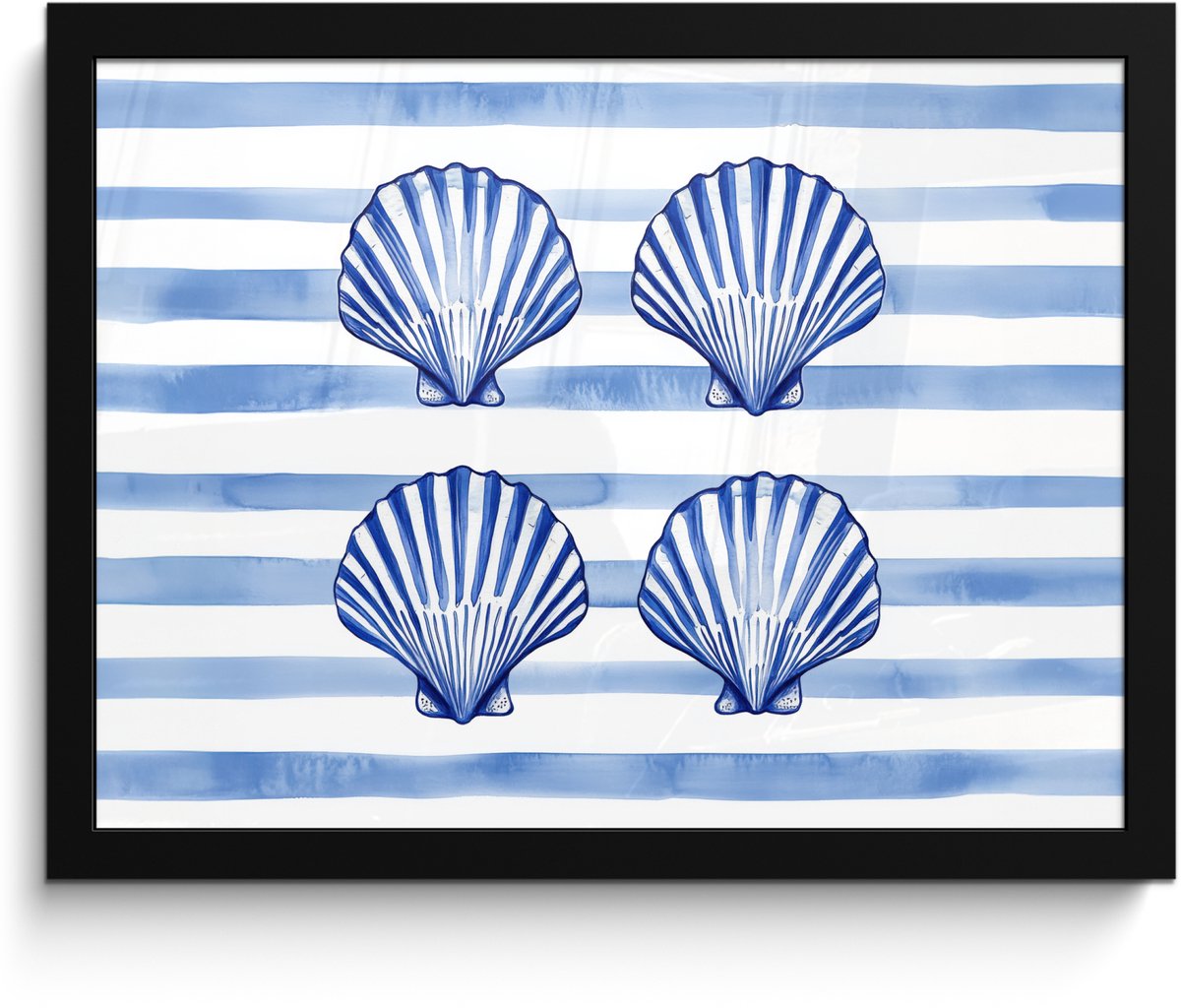 FrameYourWall Poster in lijst - Fotolijst 40x30 cm - Posters - Vier schelpen - Blauw - Wit - Strepen - Posterlijst zwart - Decoratie - Wanddecoratie woonkamer - Muurdecoratie slaapkamer Schelpen - Strepen