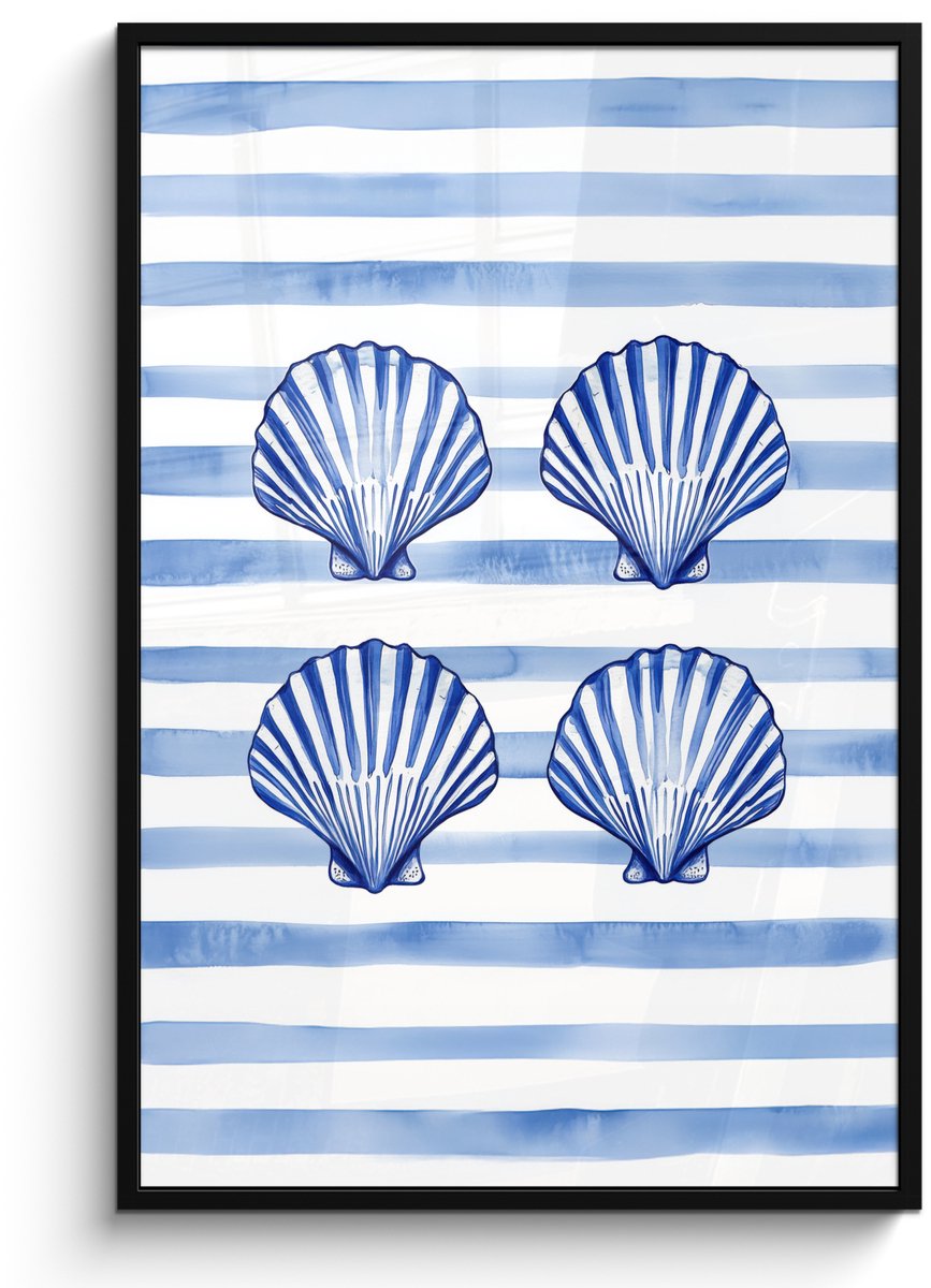 FrameYourWall Poster in lijst - Fotolijst 80x120 cm - Posters - Vier schelpen - Blauw - Wit - Strepen - Posterlijst zwart - Decoratie - Wanddecoratie woonkamer - Muurdecoratie slaapkamer Schelpen - Strepen