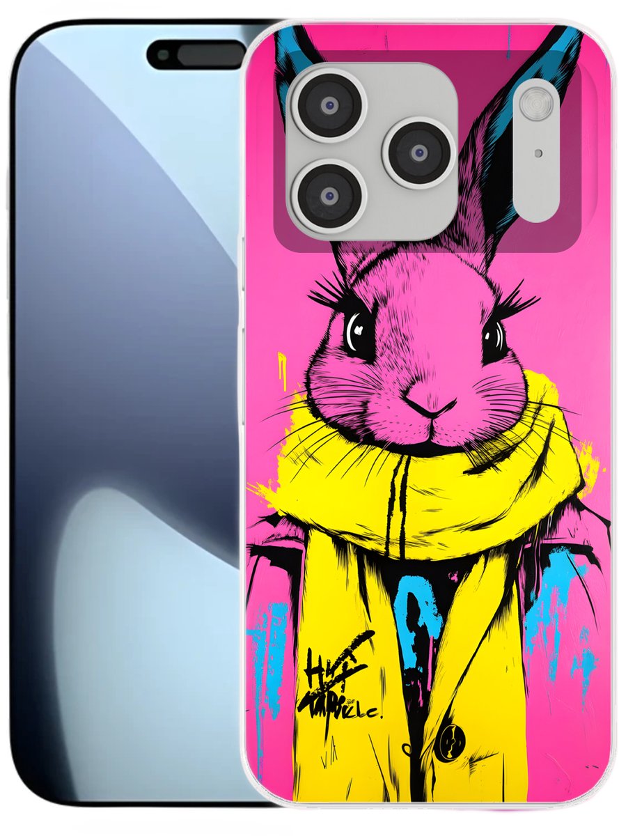 Telefoonhoesje Geschikt voor iPhone 17 Pro hoesje - Konijn - Felroze - Sjaal - Abstract - Siliconen Telefoonhoesje Telefoonhoesje