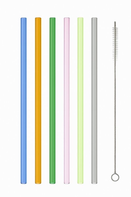 Glazen rietjes - Gekleurd - 6 stuks - Recht - inclusief 1 schoonmaakborstel