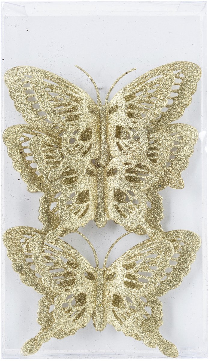 Cosy&Trendy Kerstboomversiering Vlinder - 3x stuks - 14 cm - goud glitter - op clip Goudkleurig