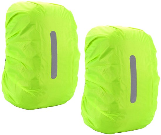 Deux housses de sac à dos vert vif avec une bande verticale réfléchissante.
