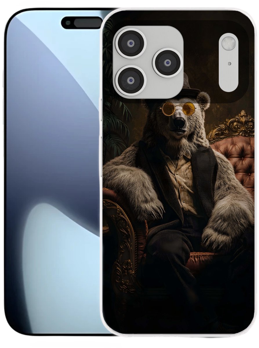 Telefoonhoesje Geschikt voor iPhone 17 Pro Max hoesje - Ijsbeer - Hoed - Bril - Stoel - Siliconen Telefoonhoesje Telefoonhoesje