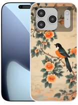 Telefoonhoesje Geschikt voor iPhone 17 Pro hoesje - Vogel - Tak - Bloemen - Oranje - Siliconen Telefoonhoesje Telefoonhoesje