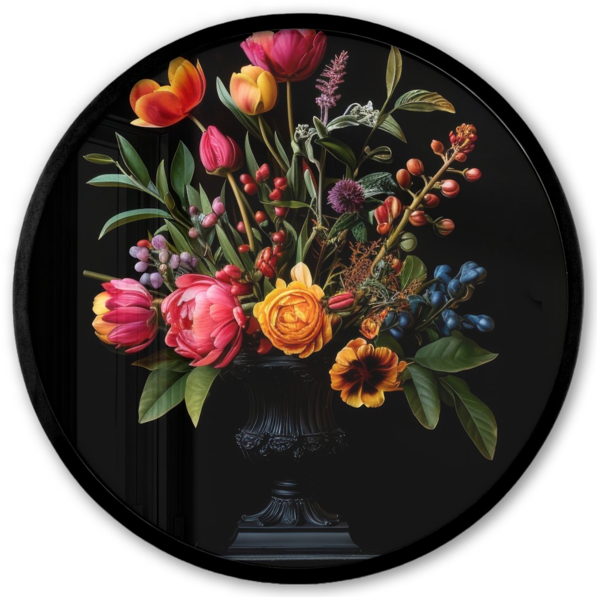 FrameYourWall Poster in lijst Rond - Fotolijst 40x40 cm - Posters - Tulpen - Bessen - Boeket - Vaas - Ronde posterlijst zwart - Decoratie - Wanddecoratie woonkamer - Muurdecoratie slaapkamer Boeket - Bloemen 5