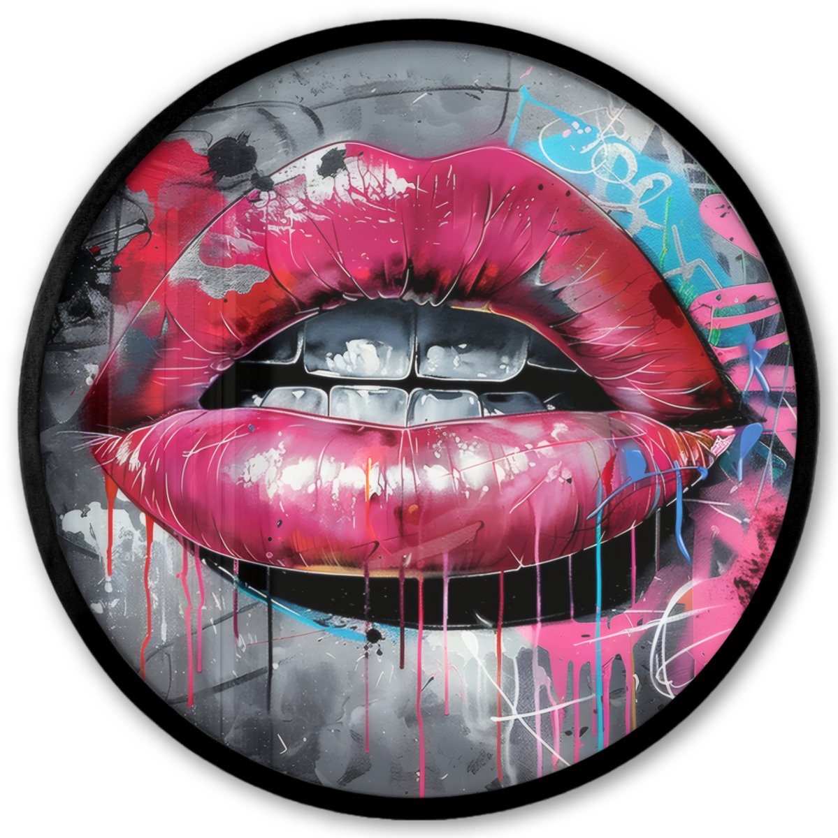 FrameYourWall Poster in lijst Rond - Fotolijst 40x40 cm - Posters - Lippen - Felroze - Graffiti - Verfstrepen - Ronde posterlijst zwart - Decoratie - Wanddecoratie woonkamer - Muurdecoratie slaapkamer Lippen - Graffiti