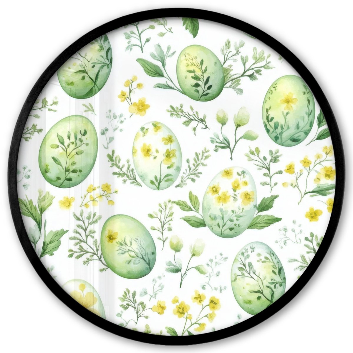 FrameYourWall Poster in lijst Rond - Fotolijst 40x40 cm - Posters - Patroon - Groen - Eieren - Ronde posterlijst zwart - Decoratie - Wanddecoratie woonkamer - Muurdecoratie slaapkamer Pasen