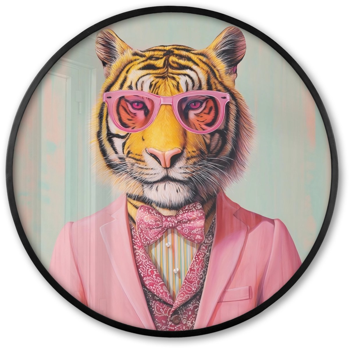 FrameYourWall Poster in lijst Rond - Fotolijst 60x60 cm - Posters - Tijger - Strik - Jasje - Roze - Ronde posterlijst zwart - Decoratie - Wanddecoratie woonkamer - Muurdecoratie slaapkamer Tijger - Bril