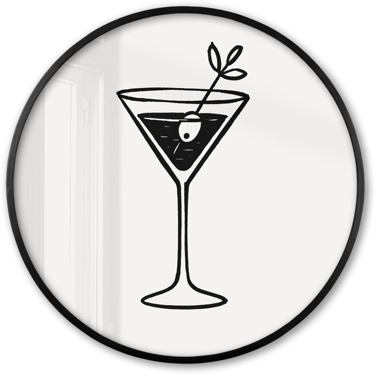 FrameYourWall Poster in lijst Rond - Fotolijst 80x80 cm - Posters - Cocktail - Glas - Olijf - Minimalistisch - Ronde posterlijst zwart - Decoratie - Wanddecoratie woonkamer - Muurdecoratie slaapkamer Cocktail - Minimalistisch