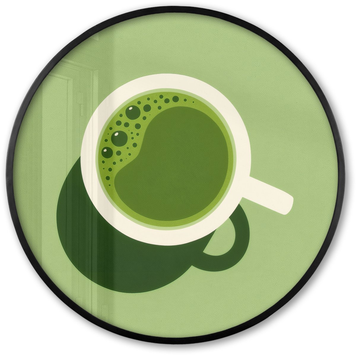 FrameYourWall Poster in lijst Rond - Fotolijst 60x60 cm - Posters - Minimalistisch - Kopjes - Matcha -Groen - Ronde posterlijst zwart - Decoratie - Wanddecoratie woonkamer - Muurdecoratie slaapkamer Kopje - Matcha