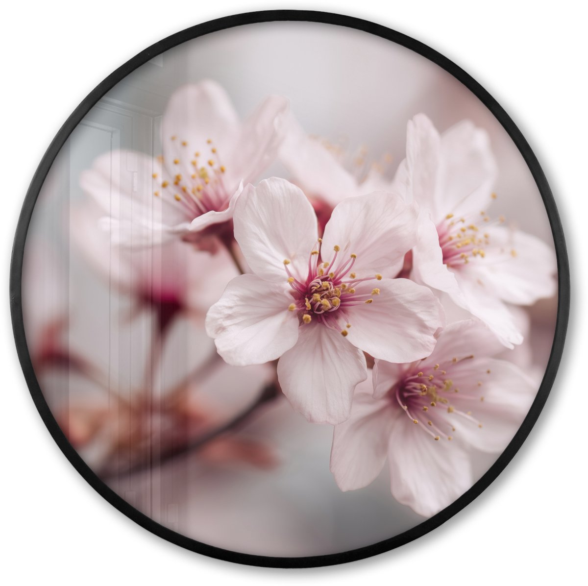 FrameYourWall Poster in lijst Rond - Fotolijst 60x60 cm - Posters - Bloesems - Meeldraden - Geel - Wazig - Ronde posterlijst zwart - Decoratie - Wanddecoratie woonkamer - Muurdecoratie slaapkamer